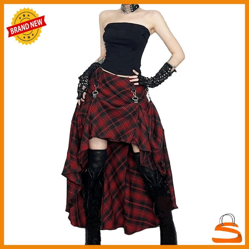 High Waist Asymmetrical Maxi Skirt Pleated Polyester Spandex Goth Grunge